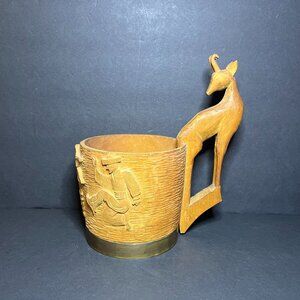 Vintage OOAK Russian Decorative Hand Carved Wooden Prisyadka Goat Handle Cup Mug